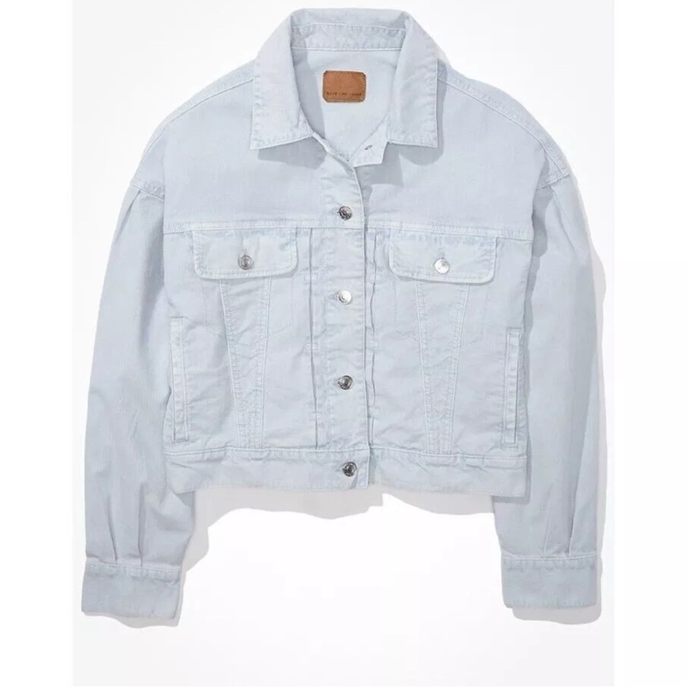 American Eagle Cropped Denim Jean Jacket Blue Womens Size S oversized